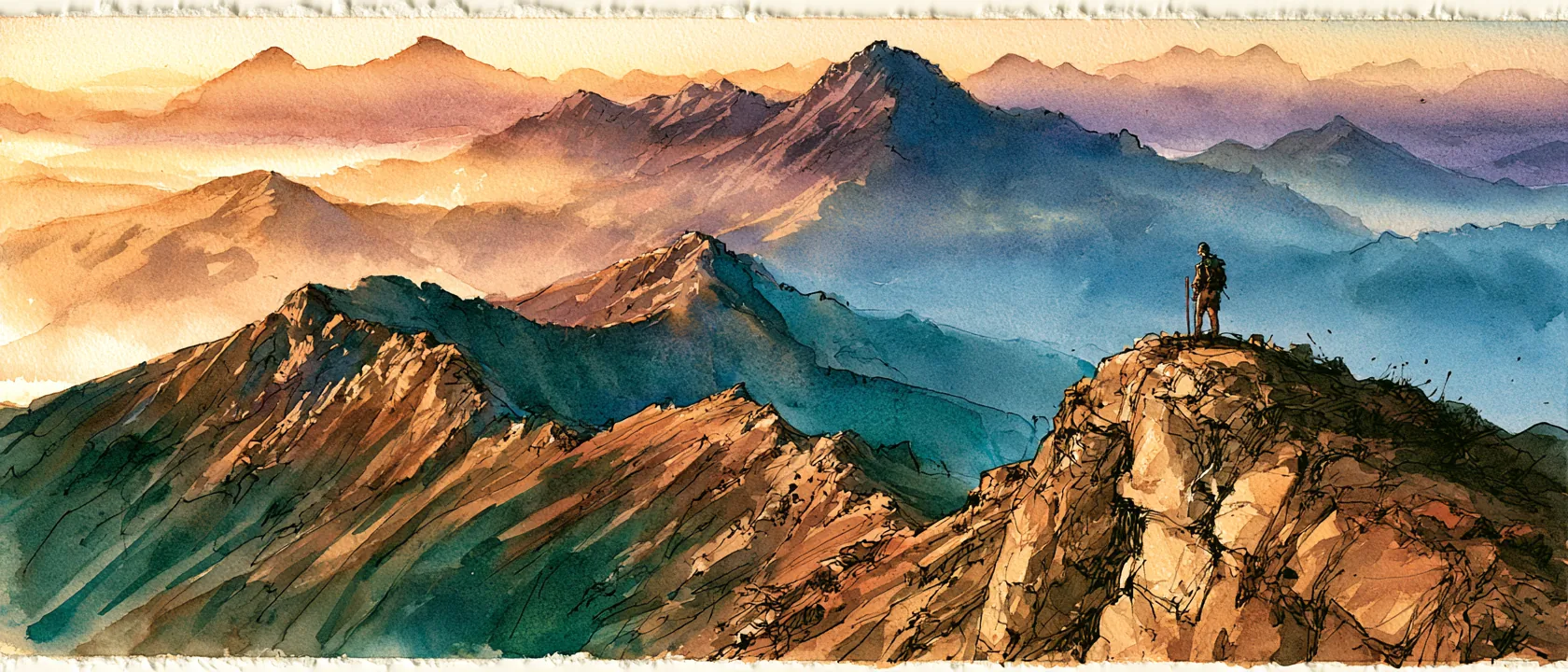 A lone traveler on a rocky summit overlooking layered mountain ranges at dawn, in watercolor